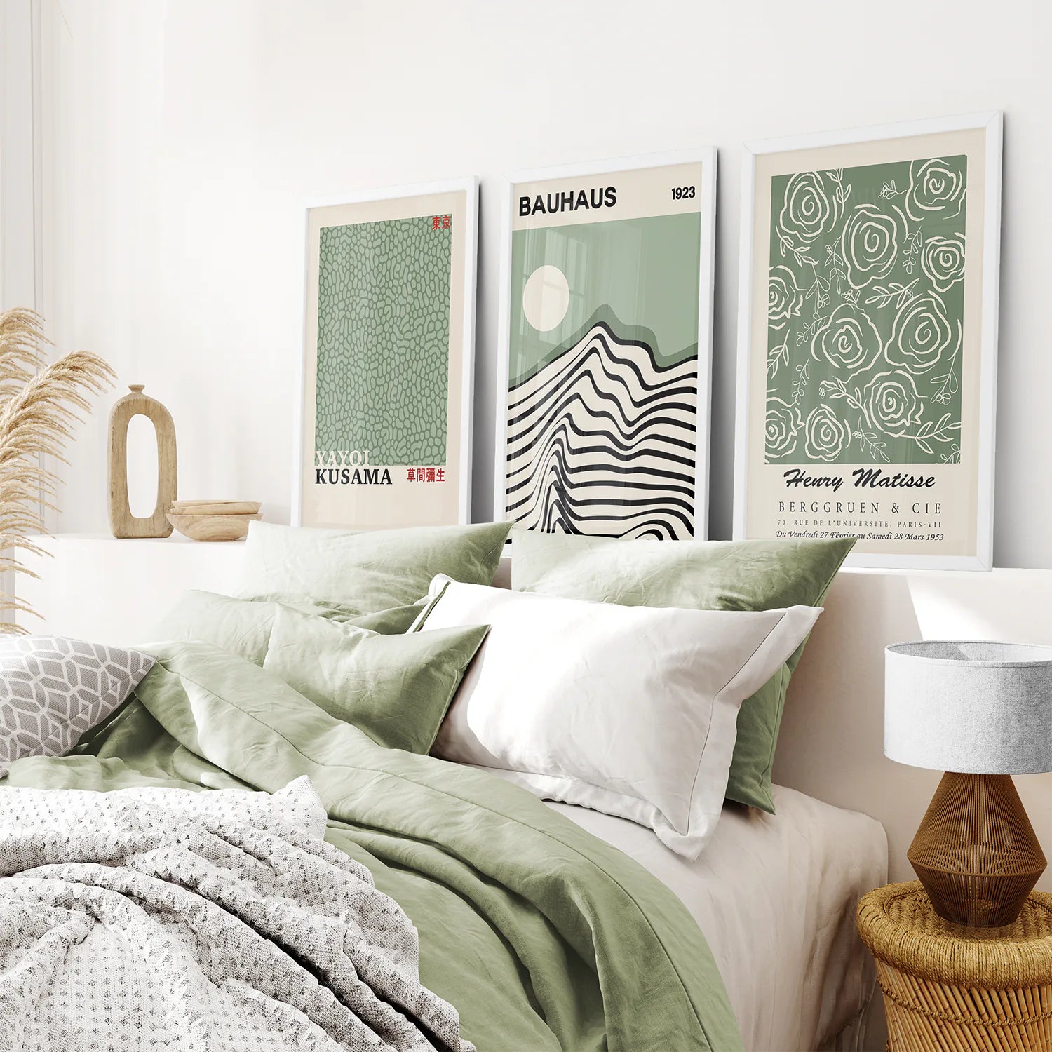Sage Green Exhibition Art Set of 3 Prints. Bauhaus, Kusama, Matisse. White Frame. Bedroom
