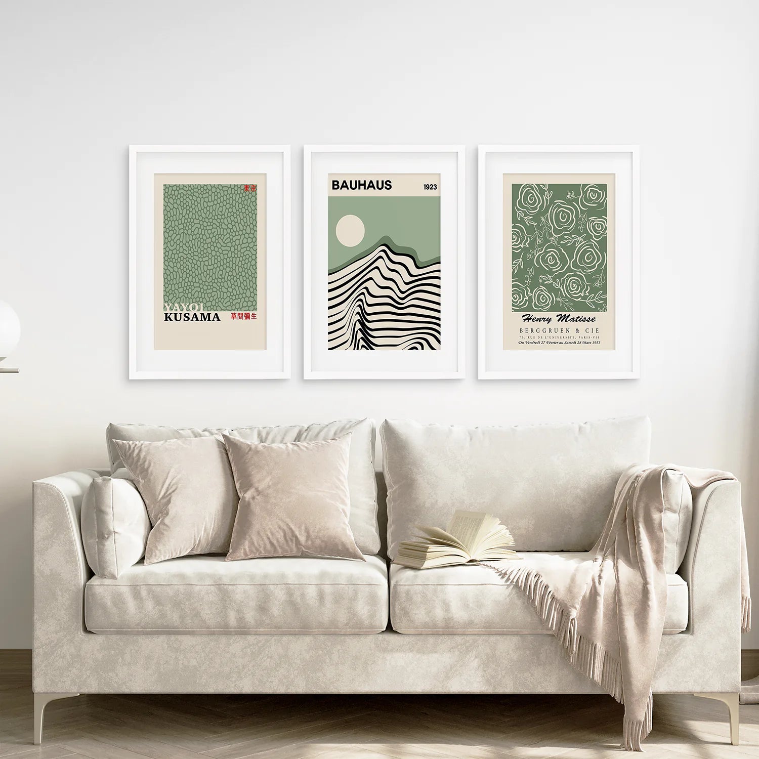 Sage Green Exhibition Art Set of 3 Prints. Bauhaus, Kusama, Matisse. White Frame with Mat. Living Room
