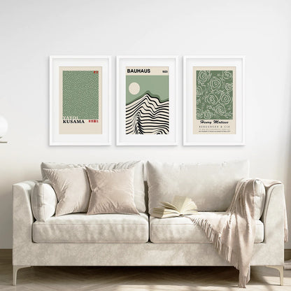 Sage Green Exhibition Art Set of 3 Prints. Bauhaus, Kusama, Matisse. White Frame with Mat. Living Room