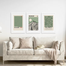 Load image into Gallery viewer, Sage Green Exhibition Art Set of 3 Prints. Bauhaus, Kusama, Matisse. White Frame with Mat. Living Room
