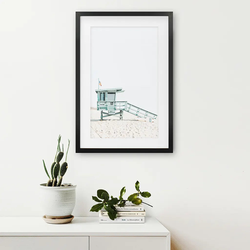 Blue Lifeguard Hut Wall Art Print. Santa Monica Beach. Black Frame with Mat