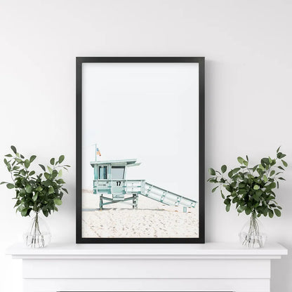 Blue Lifeguard Hut Wall Art Print. Santa Monica Beach. Black Frame