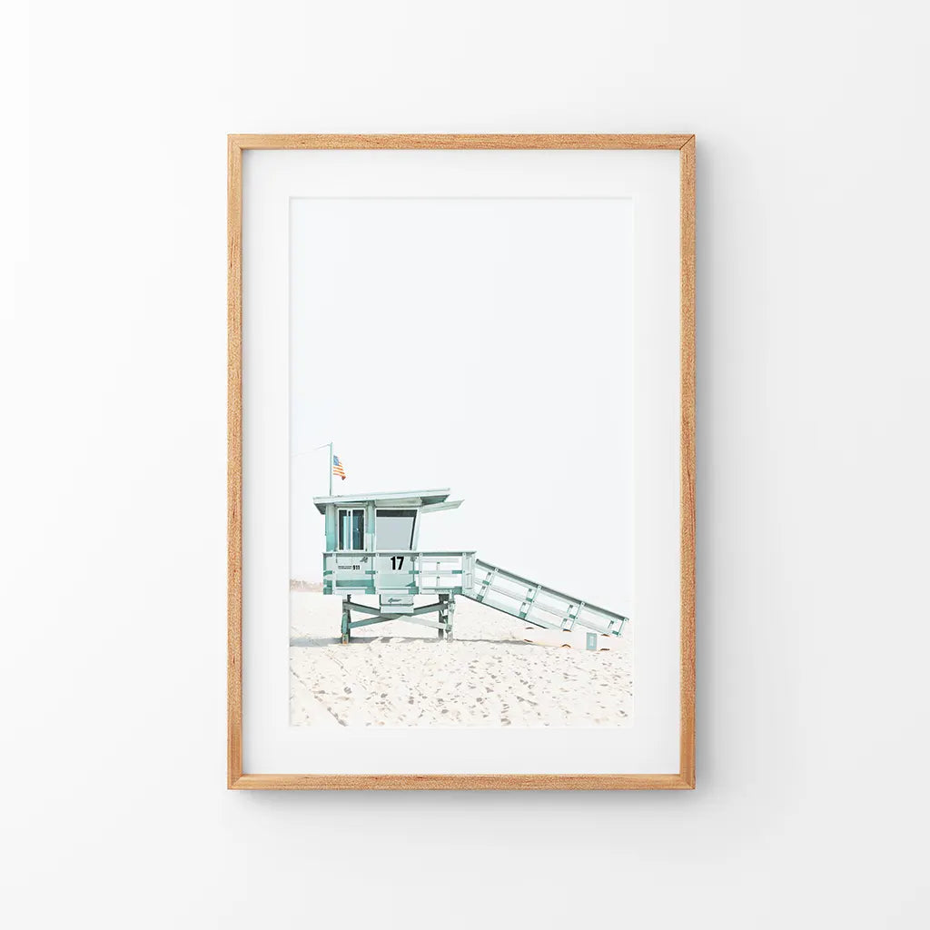 Blue Lifeguard Hut Wall Art Print. Santa Monica Beach. Thin Wood Frame with Mat