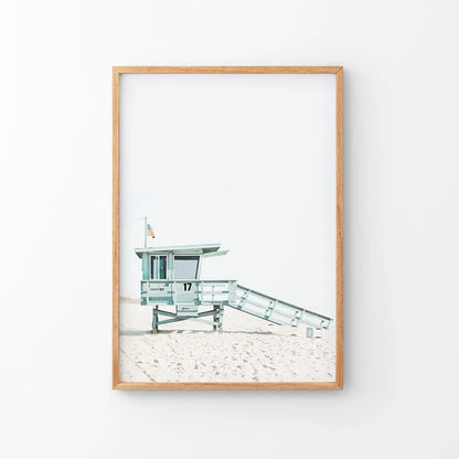 Blue Lifeguard Hut Wall Art Print. Santa Monica Beach. Thin Wood Frame