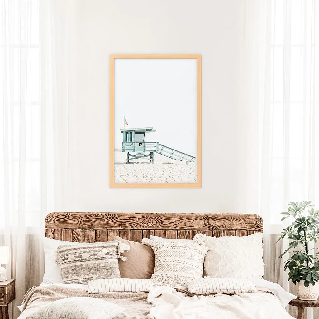 Blue Lifeguard Hut Wall Art Print. Santa Monica Beach. Wood Frame