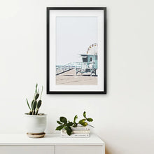 Load image into Gallery viewer, Santa Monica Beach Wall Decor. Ferris Wheel, Lifeguard Hut. Black Frame with Mat

