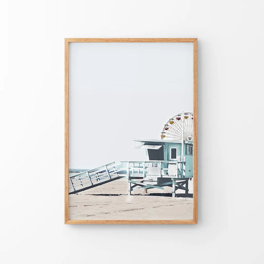 Santa Monica Beach Wall Decor. Ferris Wheel, Lifeguard Hut. Thin Wood Frame
