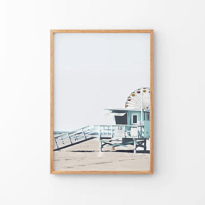 Santa Monica Beach Wall Decor. Ferris Wheel, Lifeguard Hut. Thin Wood Frame