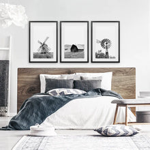 Load image into Gallery viewer, Black White Set of 3 Farm Style Prints. Windmill, Barn, Vane
