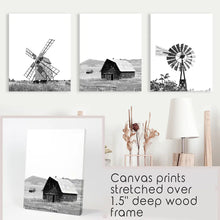 Load image into Gallery viewer, Black White Set of 3 Farm Style Prints. Windmill, Barn, Vane

