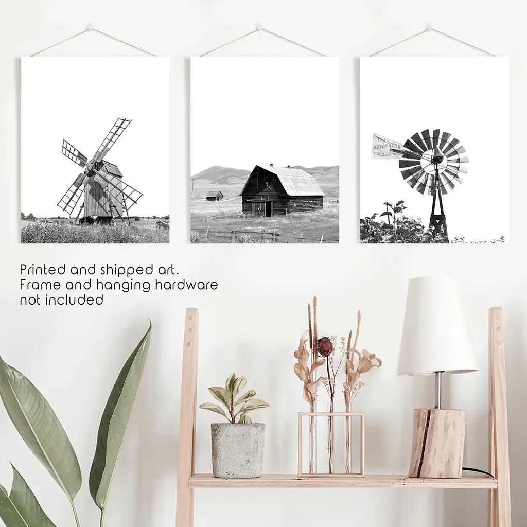 Black White Set of 3 Farm Style Prints. Windmill, Barn, Vane