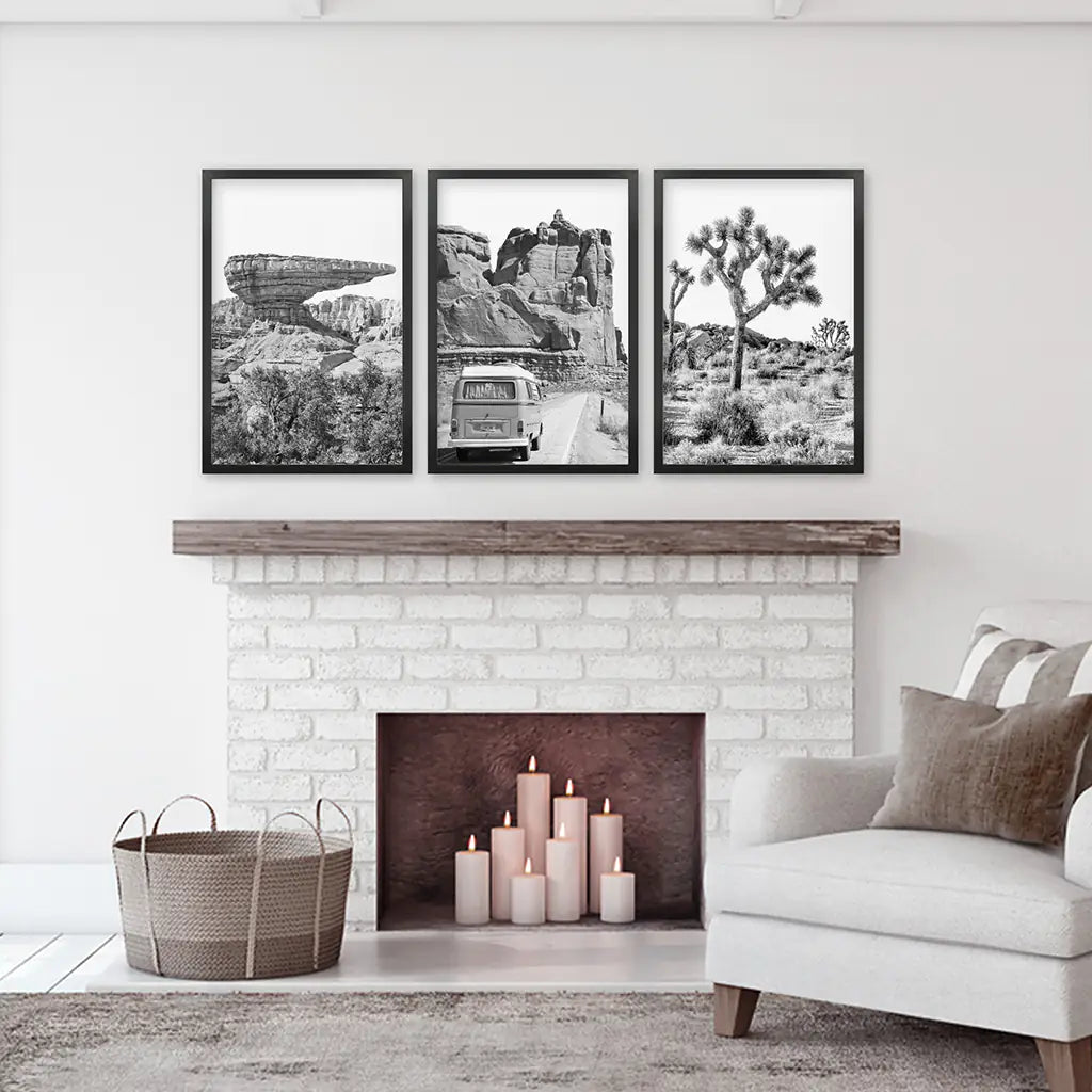 Black White Desert Nature Wall Art Set. Cliff, Van, Tree