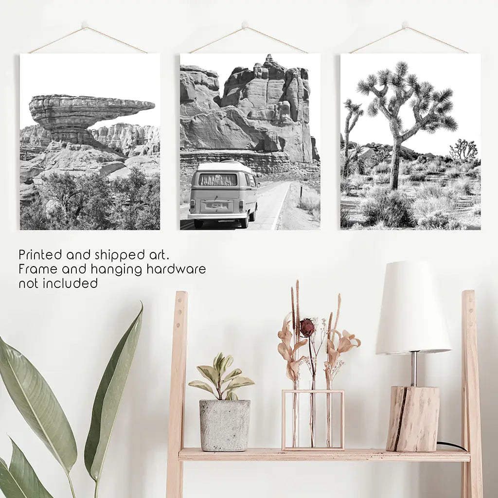 Black White Desert Nature Wall Art Set. Cliff, Van, Tree