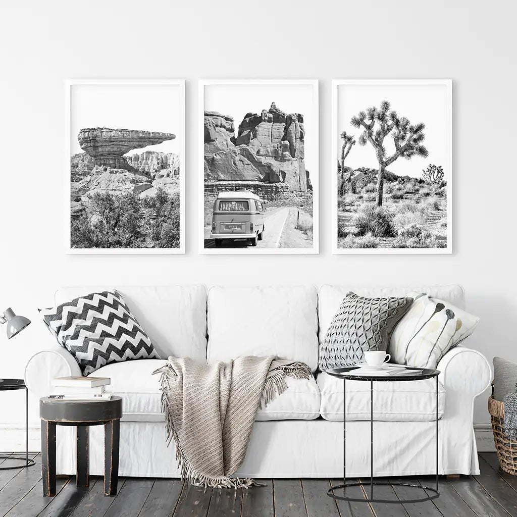 Black White Desert Nature Wall Art Set. Cliff, Van, Tree