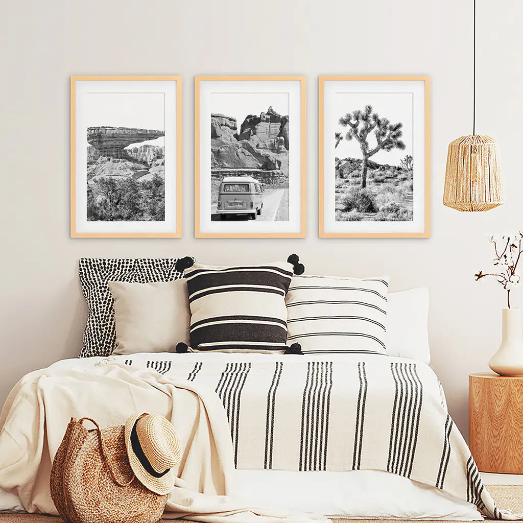 Black White Desert Nature Wall Art Set. Cliff, Van, Tree