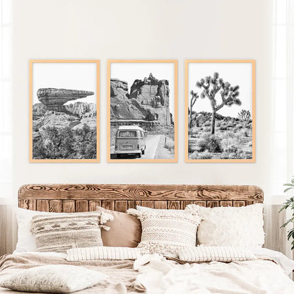 Black White Desert Nature Wall Art Set. Cliff, Van, Tree