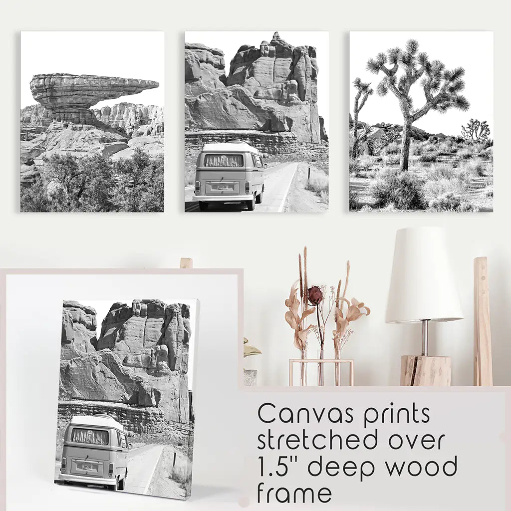 Black White Desert Nature Wall Art Set. Cliff, Van, Tree