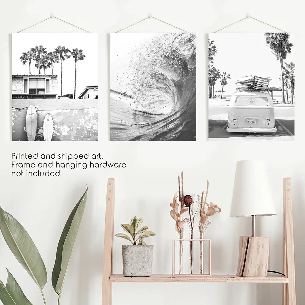 California Black White Surf Wall Art Set. Surfboards, Waves, Travel Bus. Unframed Art