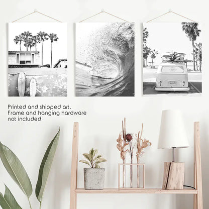 California Black White Surf Wall Art Set. Surfboards, Waves, Travel Bus. Unframed Art