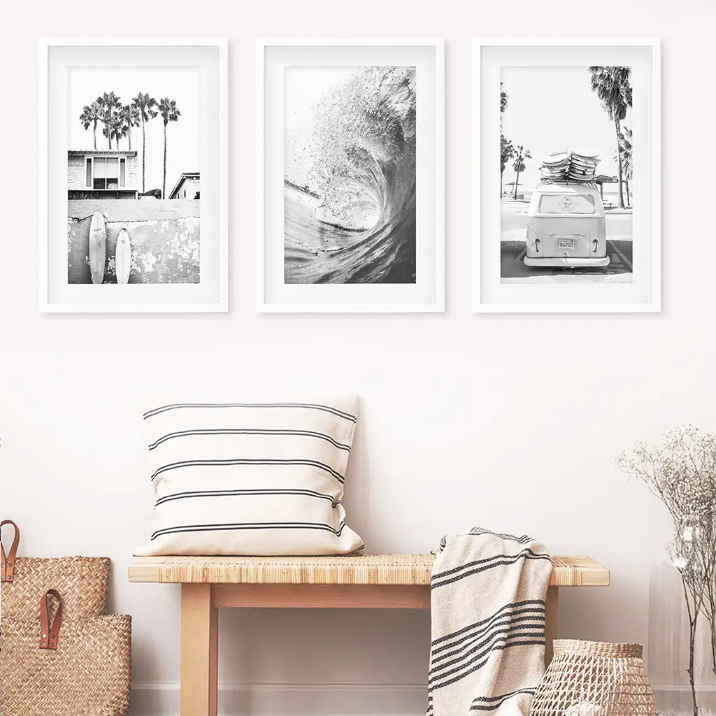 California Black White Surf Wall Art Set. Surfboards, Waves, Travel Bus. White Frames with Mat