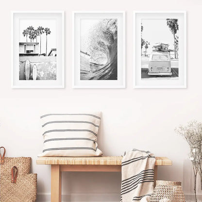 California Black White Surf Wall Art Set. Surfboards, Waves, Travel Bus. White Frames with Mat