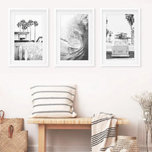 Load image into Gallery viewer, California Black White Surf Wall Art Set. Surfboards, Waves, Travel Bus. White Frames with Mat
