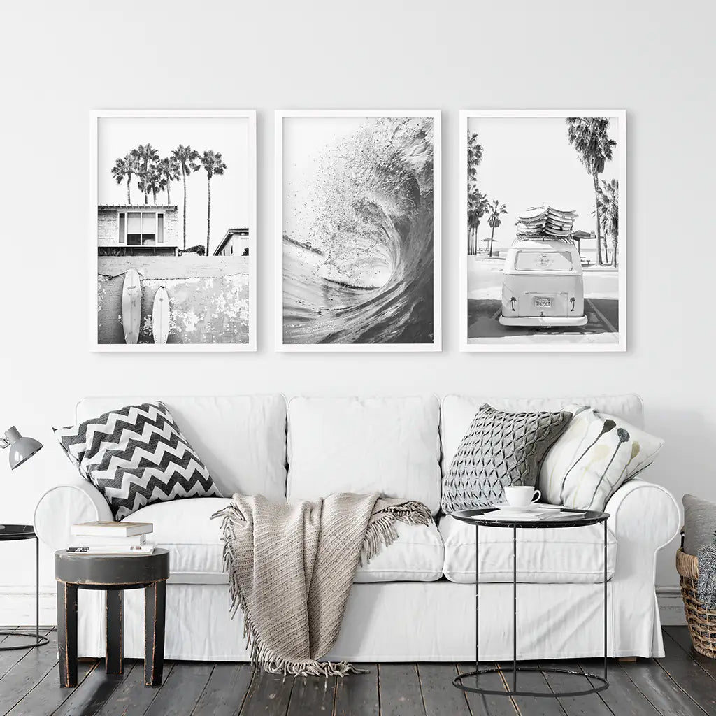 California Black White Surf Wall Art Set. Surfboards, Waves, Travel Bus. White Frames