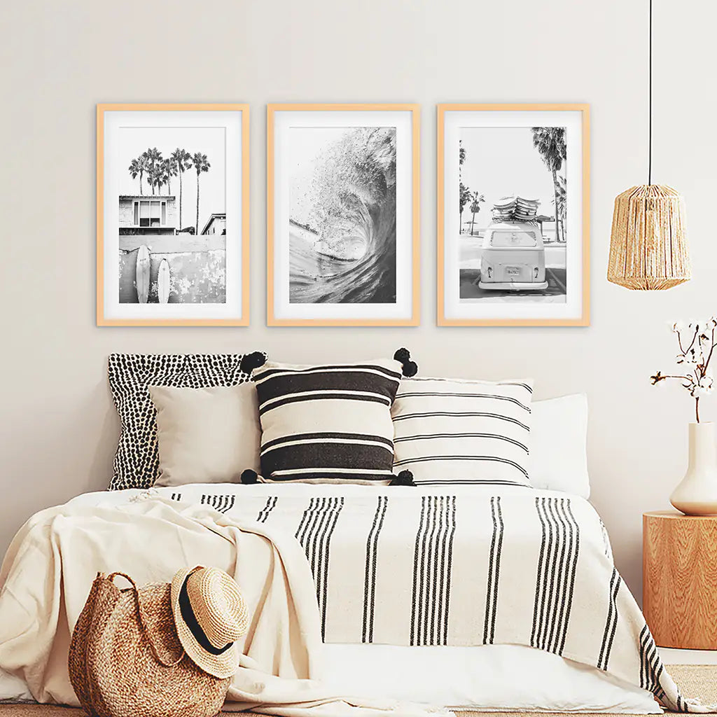 California Black White Surf Wall Art Set. Surfboards, Waves, Travel Bus. Wood Frames with Mat