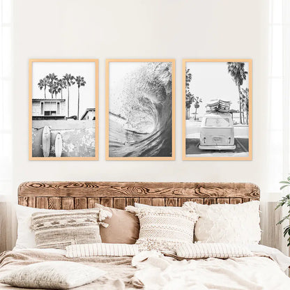 California Black White Surf Wall Art Set. Surfboards, Waves, Travel Bus. Wood Frames