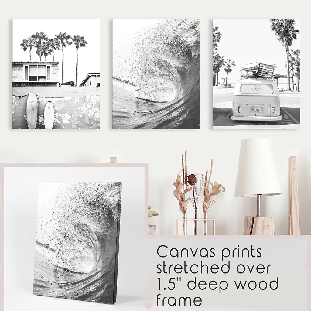 California Black White Surf Wall Art Set. Surfboards, Waves, Travel Bus. Wrapped Canvas