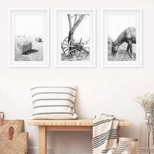 Load image into Gallery viewer, Country House Black White Wall Decor. Horse, Bale Hills, Old Wheel. White Frames with Mat

