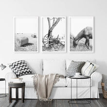 Load image into Gallery viewer, Country House Black White Wall Decor. Horse, Bale Hills, Old Wheel. White Frames
