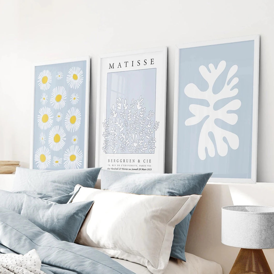 Abstract Matisse Print Set of 3. Blue Floral Wall Art