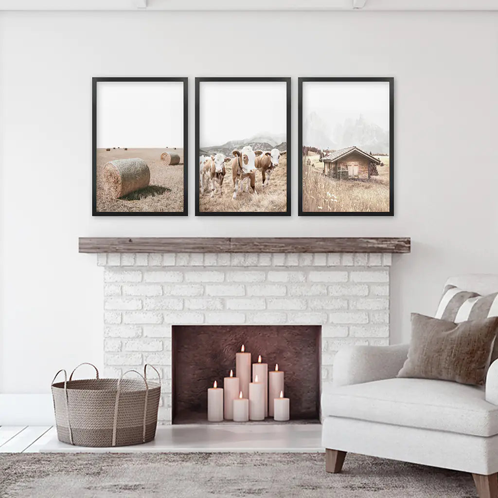 Rustic Fall Set of 3 Posters. Wooden Barn, Cows, Hay Bales