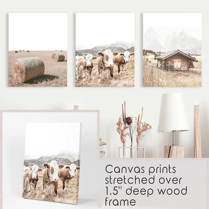 Rustic Fall Set of 3 Posters. Wooden Barn, Cows, Hay Bales