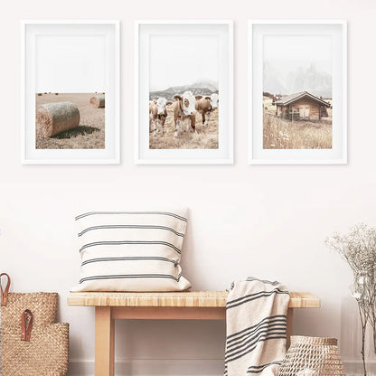 Rustic Fall Set of 3 Posters. Wooden Barn, Cows, Hay Bales