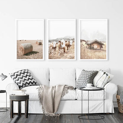 Rustic Fall Set of 3 Posters. Wooden Barn, Cows, Hay Bales