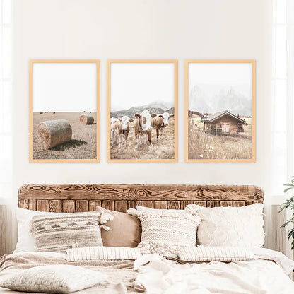 Rustic Fall Set of 3 Posters. Wooden Barn, Cows, Hay Bales