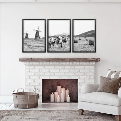 Windmill, 3 Cows, Hay Bales. Wall Art Set - Black Frames