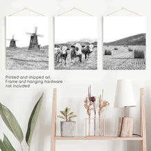 Load image into Gallery viewer, Windmill, 3 Cows, Hay Bales. Set of 3 - Unframed Art

