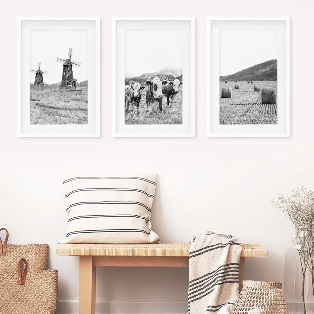 Windmill, 3 Cows, Hay Bales. Wall Art Set- White Frames with Mat