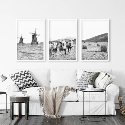 Windmill, 3 Cows, Hay Bales. Wall Art Set - White Frames