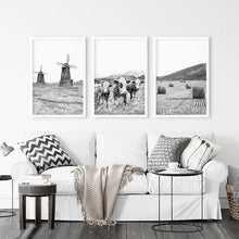 Load image into Gallery viewer, Windmill, 3 Cows, Hay Bales. Wall Art Set - White Frames
