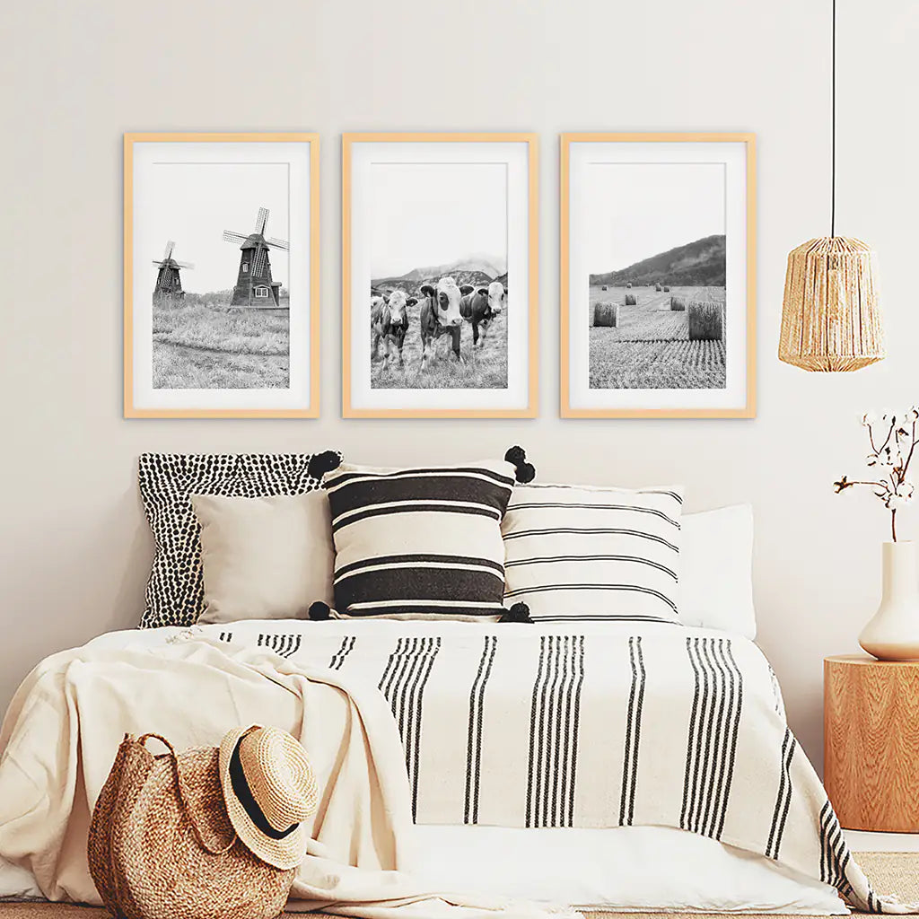 Windmill, 3 Cows, Hay Bales. Wall Art Set - Wood Frames with Mat