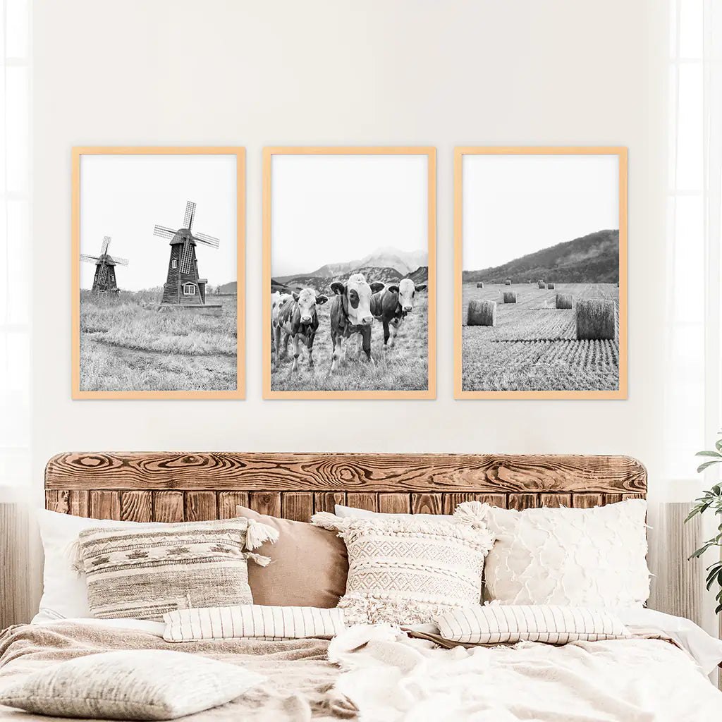 Windmill, 3 Cows, Hay Bales. Wall Art Set - Wood Frames