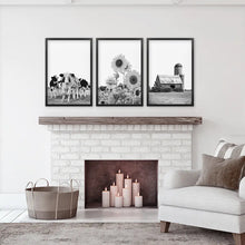 Load image into Gallery viewer, Black and White Farmhouse Wall Art Set. Cows, Sunflowers, Old Barn. Black Frames

