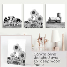 Load image into Gallery viewer, Black and White Farmhouse Wall Art Set. Cows, Sunflowers, Old Barn. Stretched Canvas
