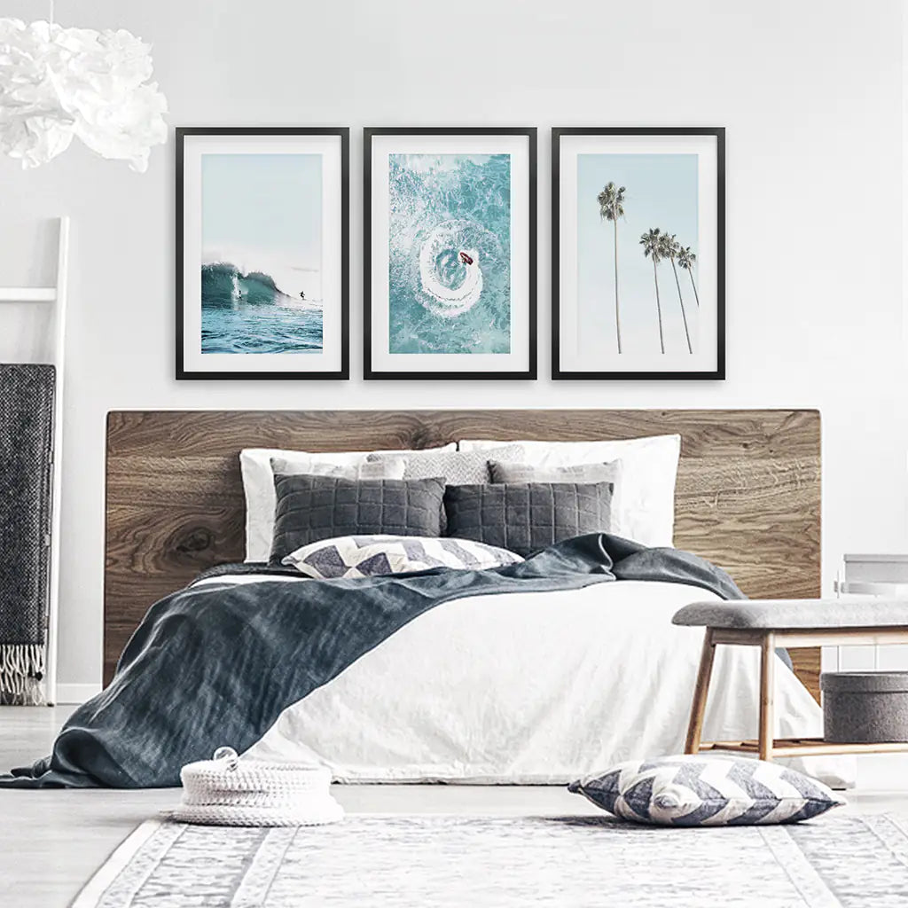 Blue Tint Tropical Photography. 3 Piece Wall Art. Palms, Ocean Waves, Surfers. Black Frames with Mat