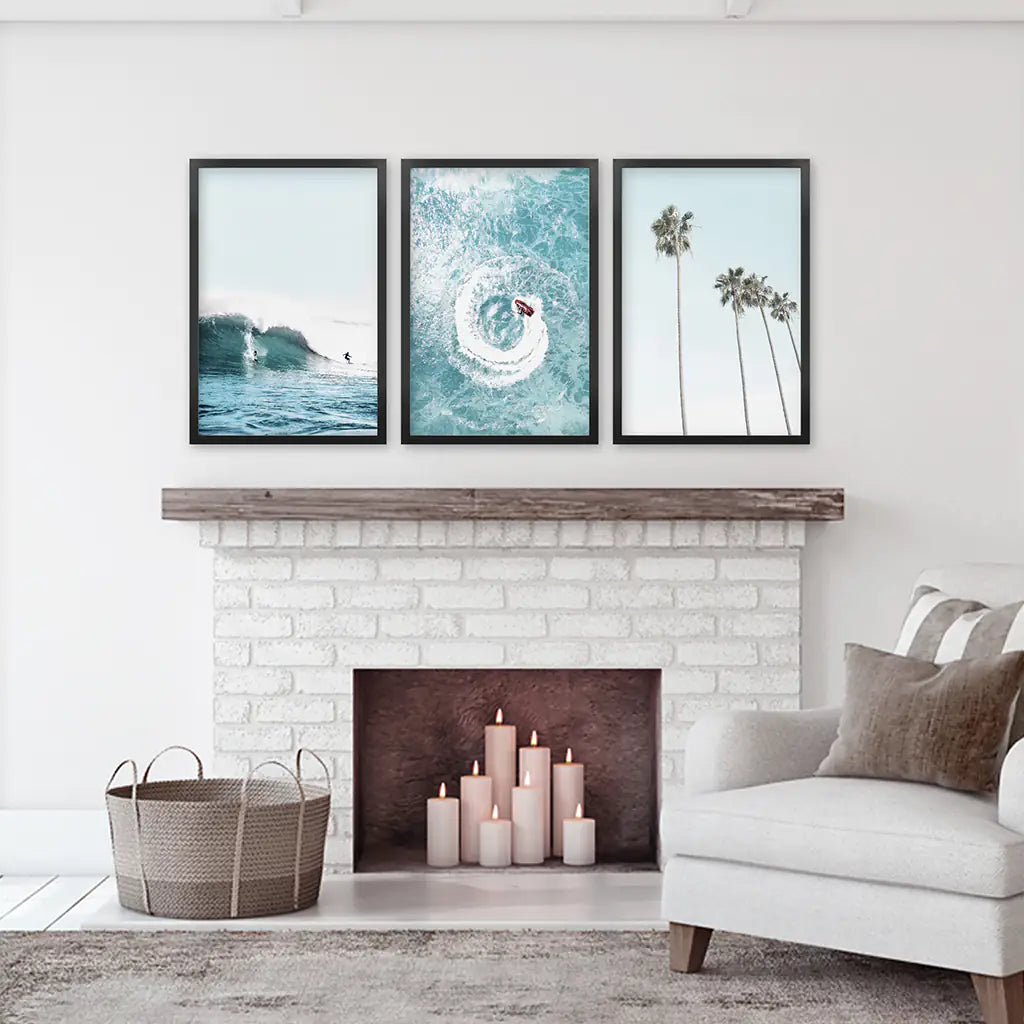 Blue Tint Tropical Photography. 3 Piece Wall Art. Palms, Ocean Waves, Surfers. Black Frames