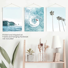 Load image into Gallery viewer, Blue Tint Tropical Photography. 3 Piece Wall Art. Palms, Ocean Waves, Surfers. Unframed Prints
